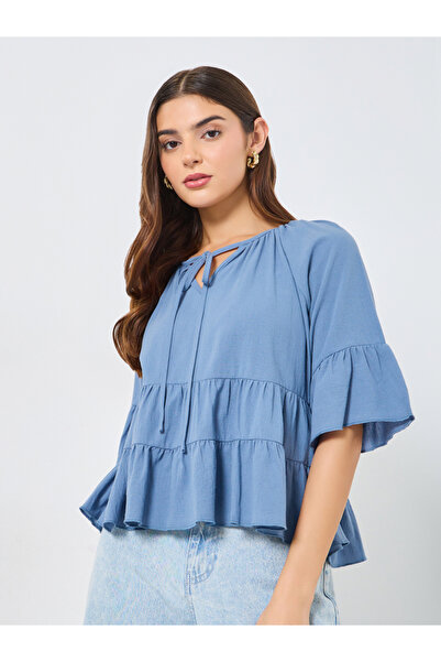 Take Two By Styli Blue Tiered Ruffle Sleeve Top