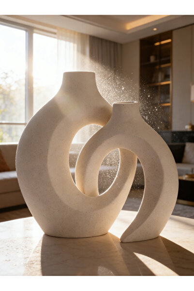 Bayt Aura Set of 2 hollow ceramic pots, cake-shaped pots for home decor