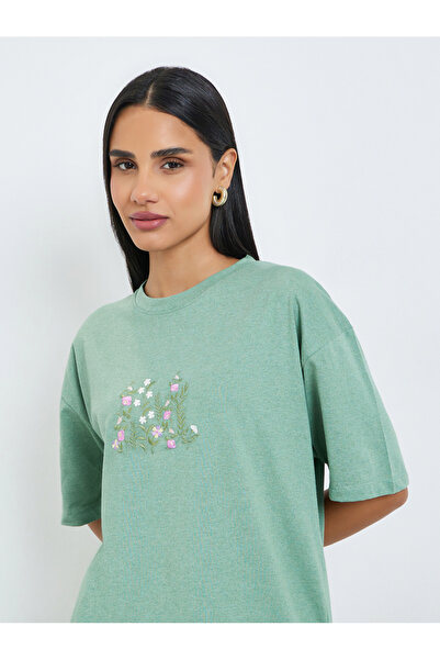 Styli Green Embroidered Floral Oversized T-Shirt