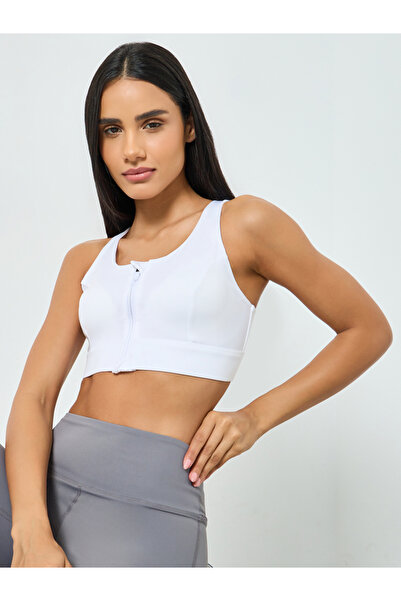Styli White Front Zip-Up Cross Back Sports Bra - High Support