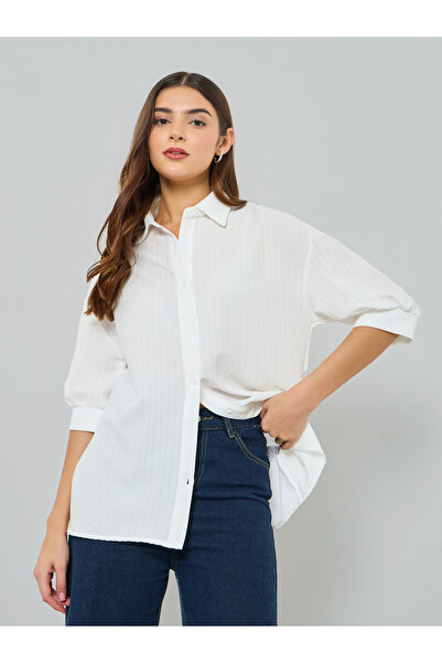 Take Two By Styli White Textured Long Sleeve Shirt