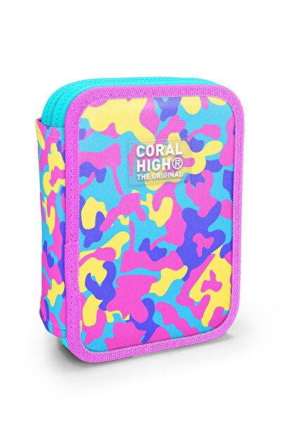 Coral High Dečija ružičasta, žuta i lavanda kamuflažna torba za olovke sa dvo...