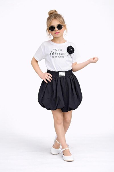 Bambam Girl's Floral Detailed Black Balloon Skirt Set -710021