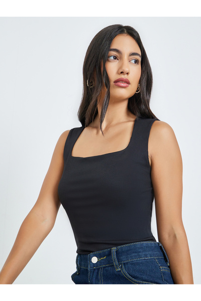 Styli Black Square Neck Fitted Knit Top