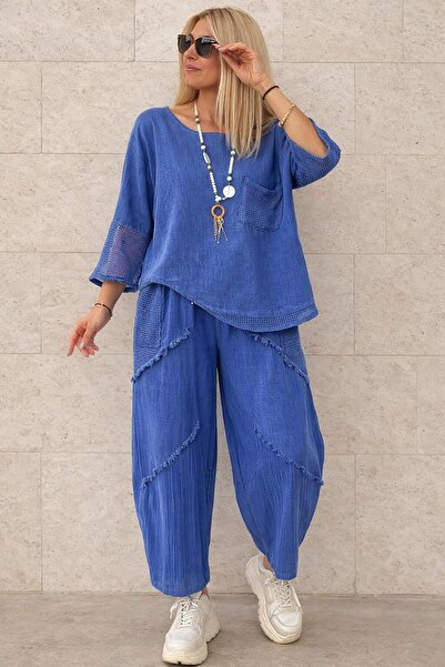 AGORATEKSTİL Women's 100% Linen Fabric Mesh Pocket Truque Sleeve Blouse and M...