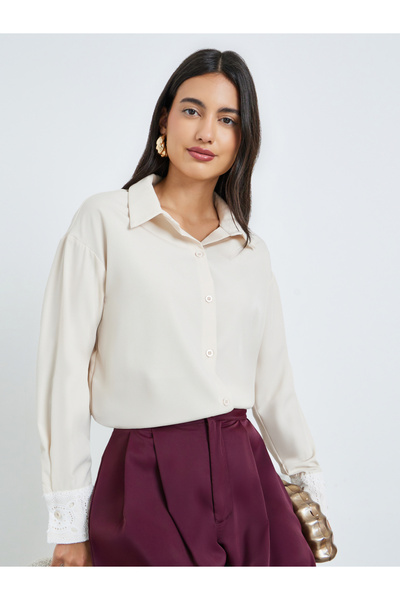 Styli Cream Long Sleeve Shirt with Lace Cuff