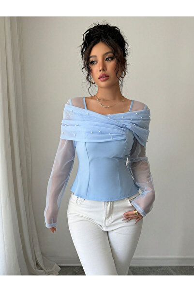 Take Two By Styli Blue Faux Pearl Embellished Square Neck Mesh Top