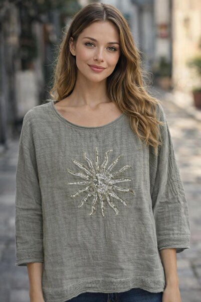 AGORATEKSTİL Women's 100% Linen Fabric Sun Printed Three Quarter Sleeve Blous...