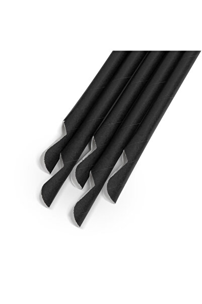 FAMİLY Paper straws - black with spoon - 200 x 8 mm - 150 pieces / pack