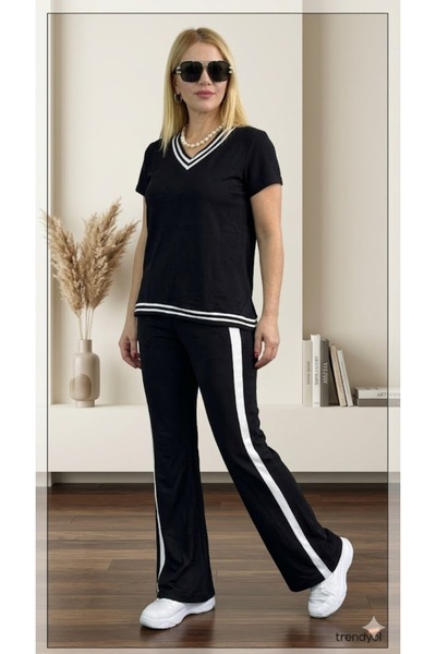 Modayakamoz Kadın V Yaka Kısa Kollu Viskon İki İplik Bluz Ve Pantolon İkili T...