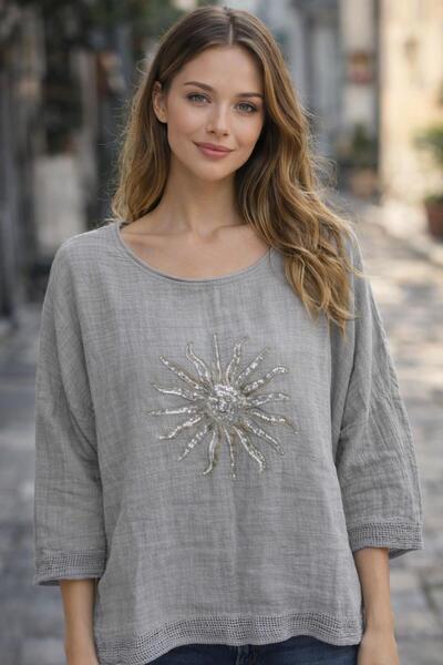 AGORATEKSTİL Women's 100% Linen Fabric Sun Printed Three Quarter Sleeve Blous...