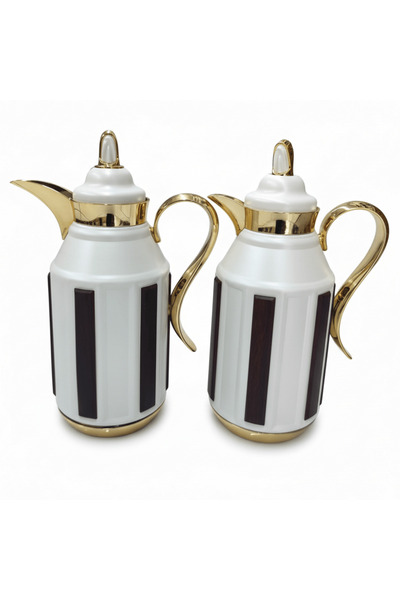 FURSAN Premium 2-Piece Vacuum Flask Set 1+1 L White & Gold with Brown Accent ...