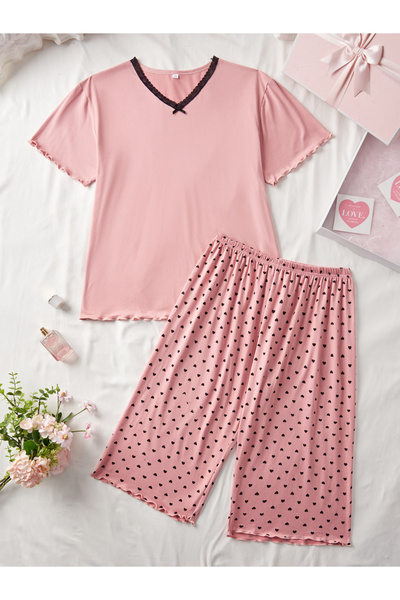 Take Two By Styli Plus Size V Neck Top and Heart Print Shorts Set