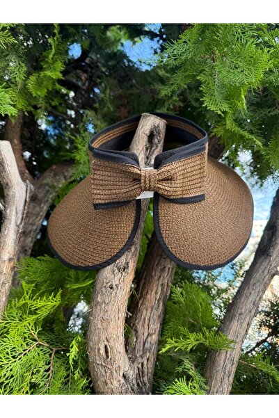 Axesoire 14530 Καφέ καπέλο με φιόγκο, ανοιχτό επάνω μέρος και φαρδύ ψάθινο γείσο