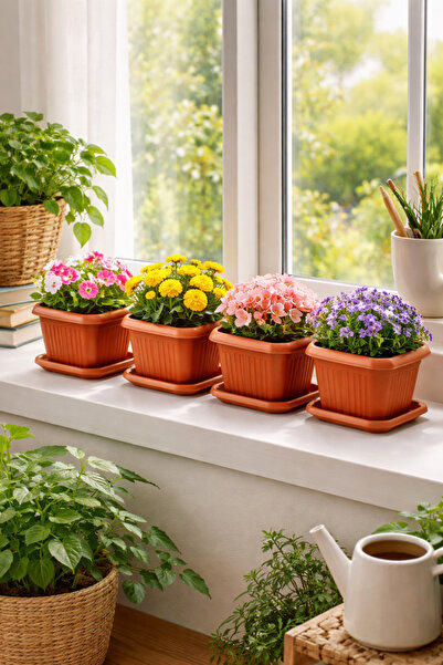 Binbirreyon 4 Adet Kare Terracotta Tabaklı Saksı 1Lt 13x13x11cm Plastik AH105