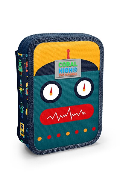 Coral High Детски двуслоен несесер за моливи в тъмносиньо индиго с роботи 31121