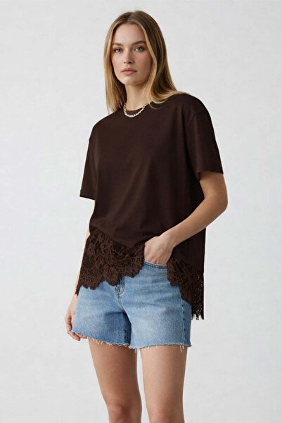 Trend Alaçatı Stili Tricou maro cu croială asimetrică și detalii din dantelă,...