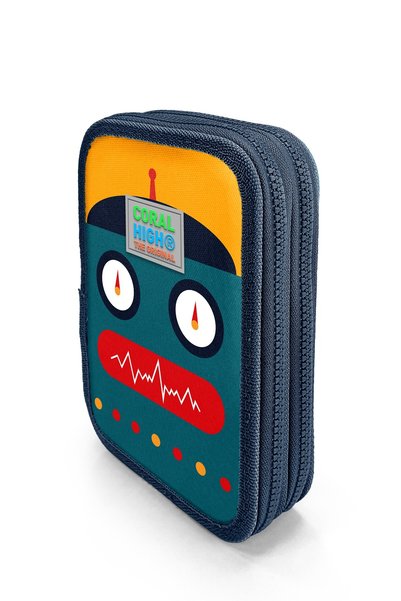Coral High Kids Navy Blue Indigo Robot Patterned Double-Layer Pen Bag 31121