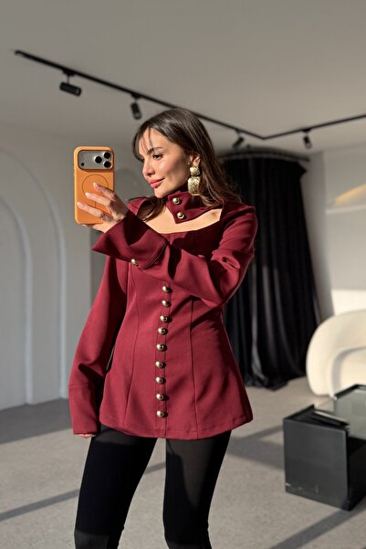 Gizem Ecemiş Bloom Bordo Gold Düğmeli Dekolteli Şık Bluz