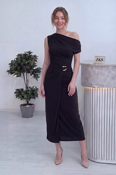 zks grup tekstil Women's Off Shoulder Waist Accessory Midi Length Dress Red, ...