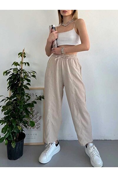 khar Beige Shalwar Trousers with Elastic Waist