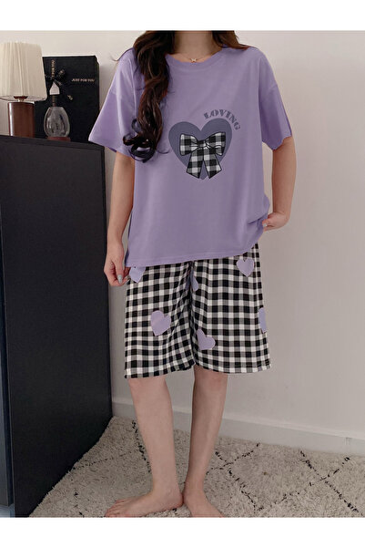 Take Two By Styli Plus Size Heart Print Checked T-Shirt and Shorts Set