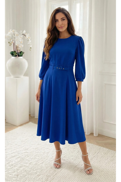 UniqueStore.ro Elegant royal blue midi dress with waist belt - XS