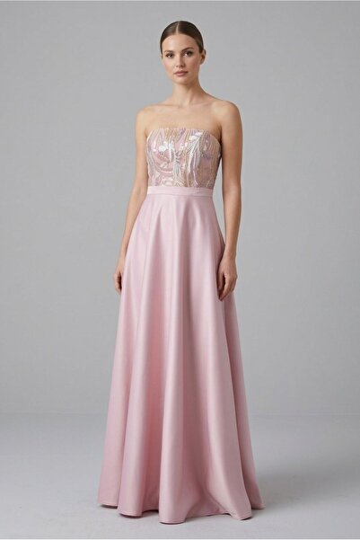 Tangül&Ali'S Moda Evi Straplez İşlemeli Pudra Saten Uzun Abiye