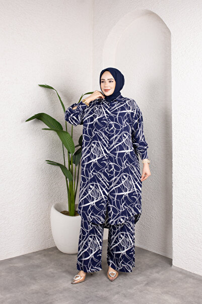 Sfg Life Moda Women's Hijab Shirt Collar Mixed Striped Viscose Tunic-Pants Set