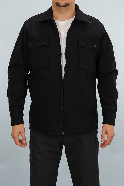 Souris Men's Black Softshell Jacket Slim Fit Zippered Pocket Detailed Transitional
