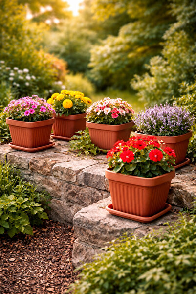 Binbirreyon 5 Adet Kare Tabaklı Saksı Terracotta Kahverengi 15x15x13cm 1,5Lt ...