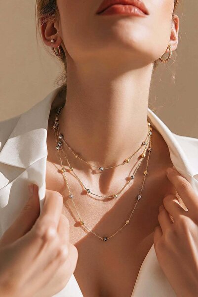 Trend Alaçatı Stili Women's Gold-Silver 3-Piece Chain Crushed Beaded Steel Ne...