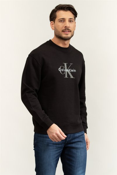 Calvin Klein Erkek %100 Pamuklu CK Logolu Yuvarlak Yakalı Uzun Kollu Siyah Sweatshirt