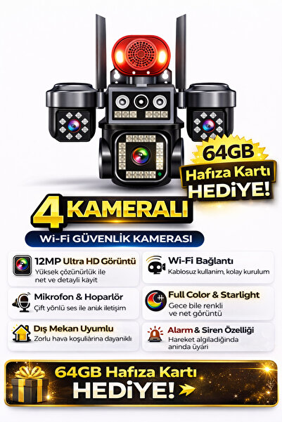 Ecocam 4 Kameralı WiFi Güvenlik Kamerası 12MP PTZ 360° Alarm Sirenli Dış Meka...