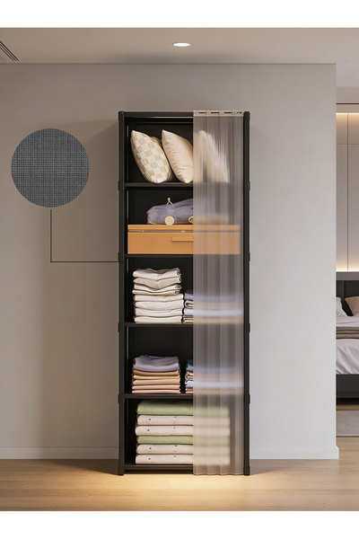 Bayt Aura 6-tier narrow storage cabinet with curtain, slim wardrobe made of c...