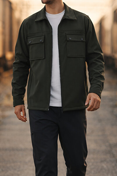 Souris Jachetă softshell kaki pentru bărbați, slim fit, buzunar cu fermoar de...