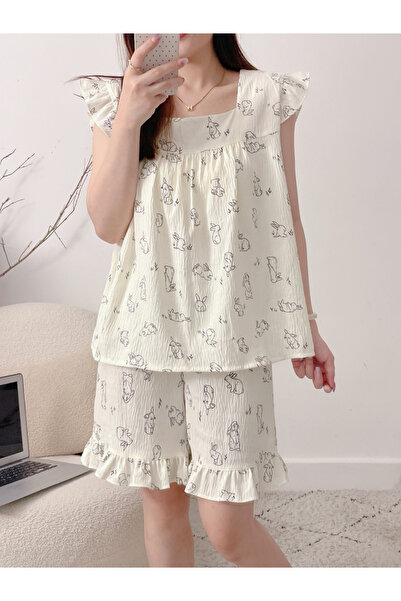 Take Two By Styli Plus Size Bunny Print Ruffle Top and Shorts Set