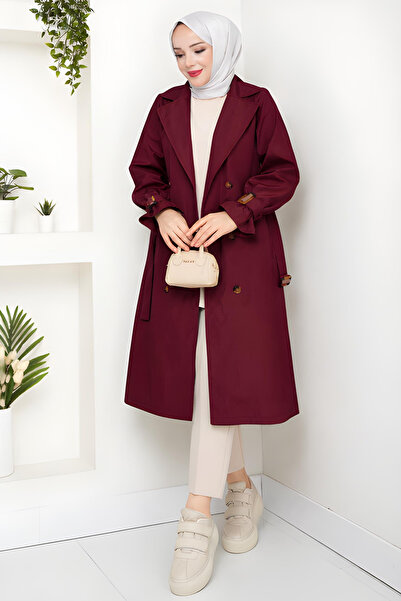 RACE FASHİON Double-Breasted Collared Belt Piece Hijab Trench Coat Rc1103013