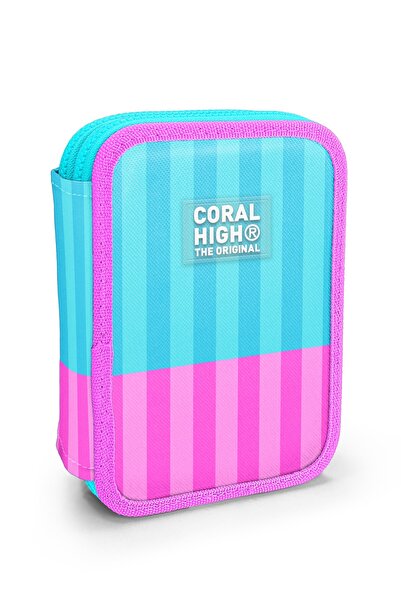 Coral High Παιδική τσάντα μολυβιών διπλής στρώσης με τιρκουάζ ροζ ριγέ σχέδιο...
