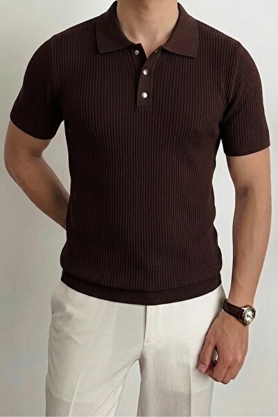 ModaYaren Men's Polo Collar T-Shirt with Snap Detail Corded Fabric - C1T-1239