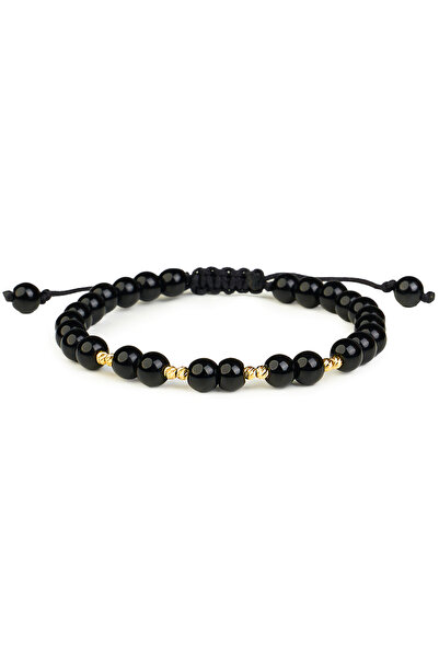One Gold Bracelet with 8 beads 14K Gold "585" and Black Onyx, adjustable