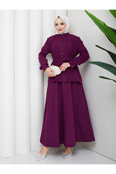 EFSUN MODA Women's British-Style Buttoned Belted Skirt Two-Piece Suit Tesettür