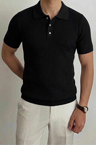 ModaYaren Men's Polo Collar T-Shirt with Snap Detail Corded Fabric Black - C1...