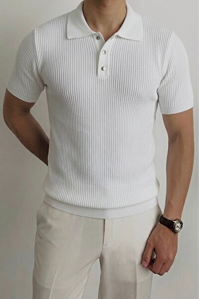 ModaYaren Men's Polo Collar T-Shirt with Snap Detail Corded Fabric - C1T-1239