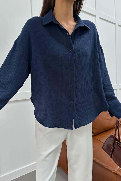 mylove Long Sleeve Muslin Shirt Navy Blue