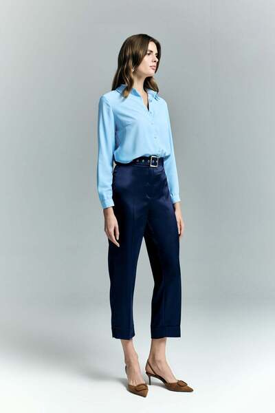 Sateen Lisa Satin Double-Cuffed Trousers - Navy Blue