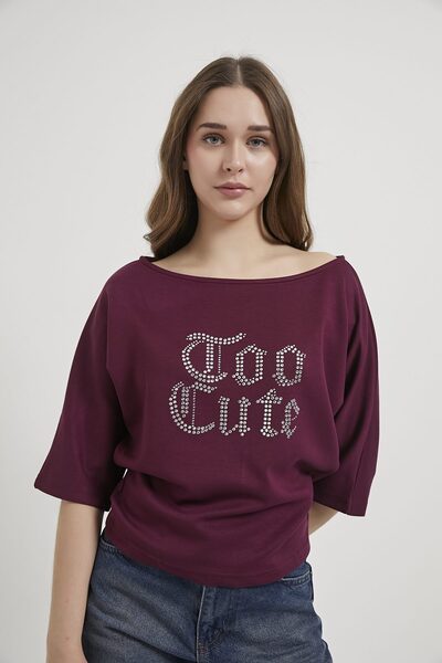 Arma Life Armalife 11360 boat neck women's blouse with stone text detail