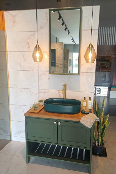 AdnDesing Adn Dizayn 90cm Retro Yeşil Banyo Dolabı Seti - Su Geçirmez Masif T...