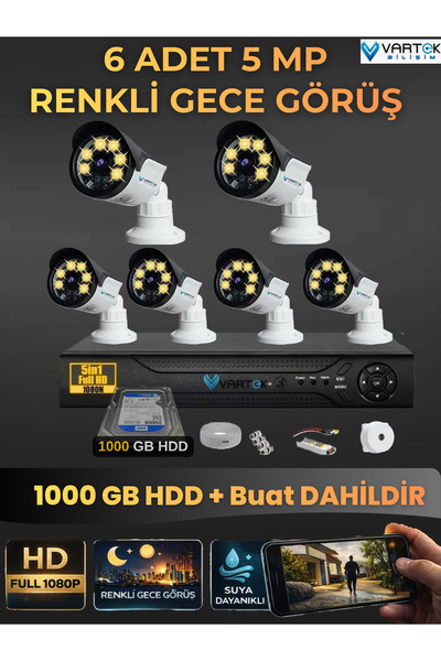 VARTEK BİLİŞİM 6 Kameralı Set 1000 Gb Hdd Full Hd Gece Görüşlü Güvenlik Kamer...