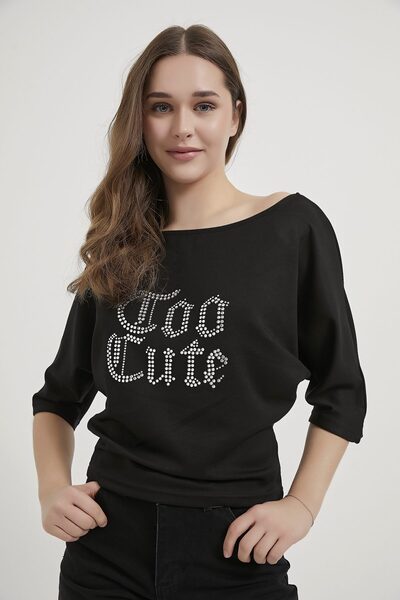 Arma Life Armalife 11360 boat neck women's blouse with stone text detail